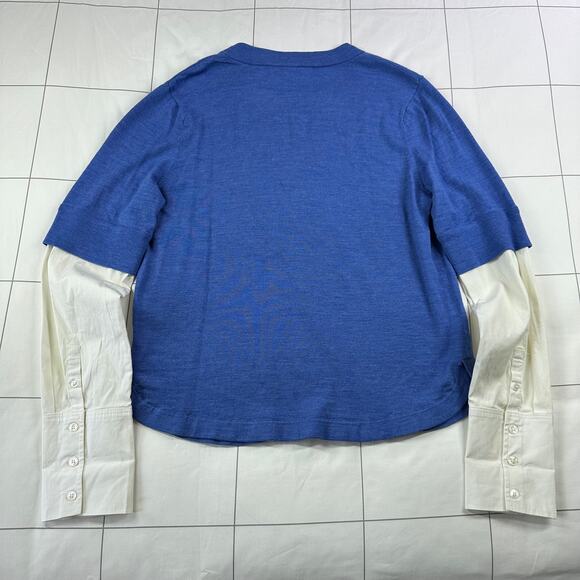 Veronica Beard Sweater Top Women Large Blue White Roscoe Merino Wool Mixed Media - Picture 4 of 9